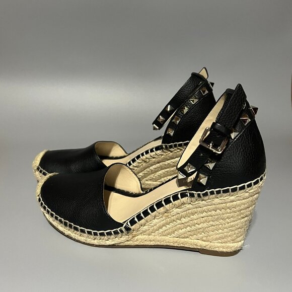 Marc Fisher Sakti Espadrille Sandal Black Studded Wedge Sandals Size 7 Leather - Picture 2 of 5